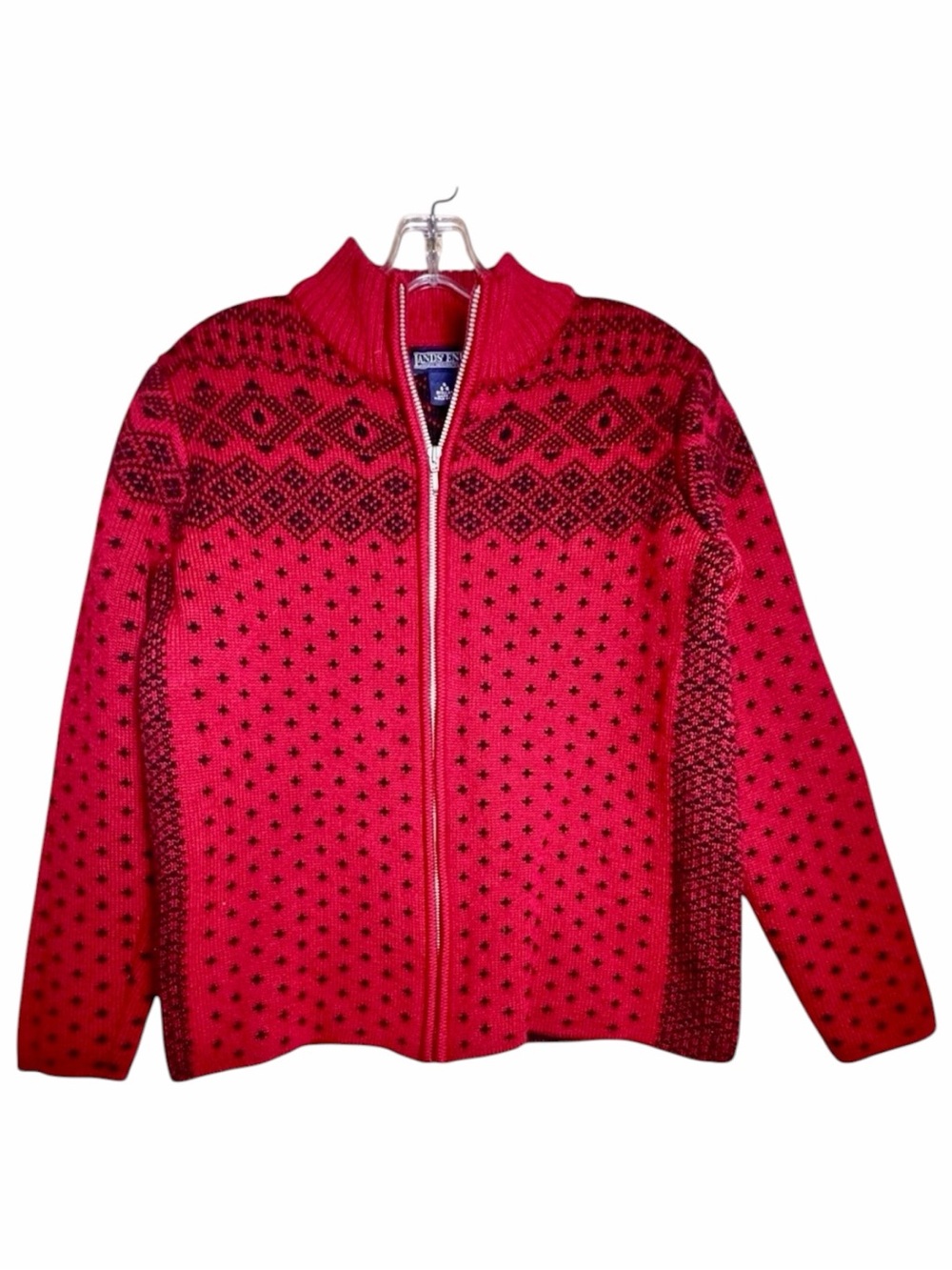 Lands End 100% Wool Fair Isle‎ Nordic Full Zip Sweater Red Black Small